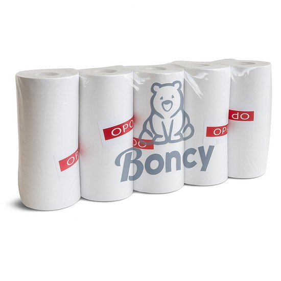 Verpakking van 5 witte printrollen met Boncy logo en een beer. Drie rollen zijn zichtbaar.