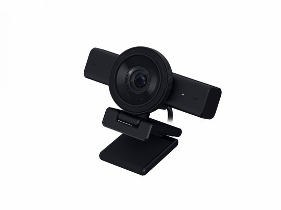 Vue frontale noire de la webcam Razer Kiyo V2 avec objectif ultra grand-angle et support réglable.