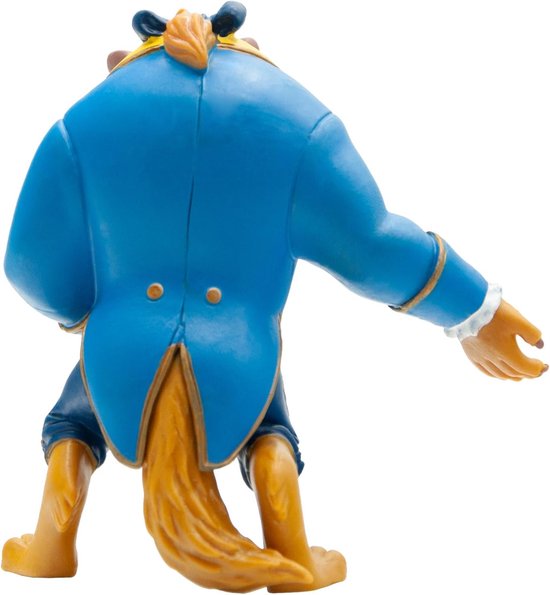 Het Beest in blauw jasje met gele biezen, witte kraag en manchet, donkerblauwe broek en bruine staart.