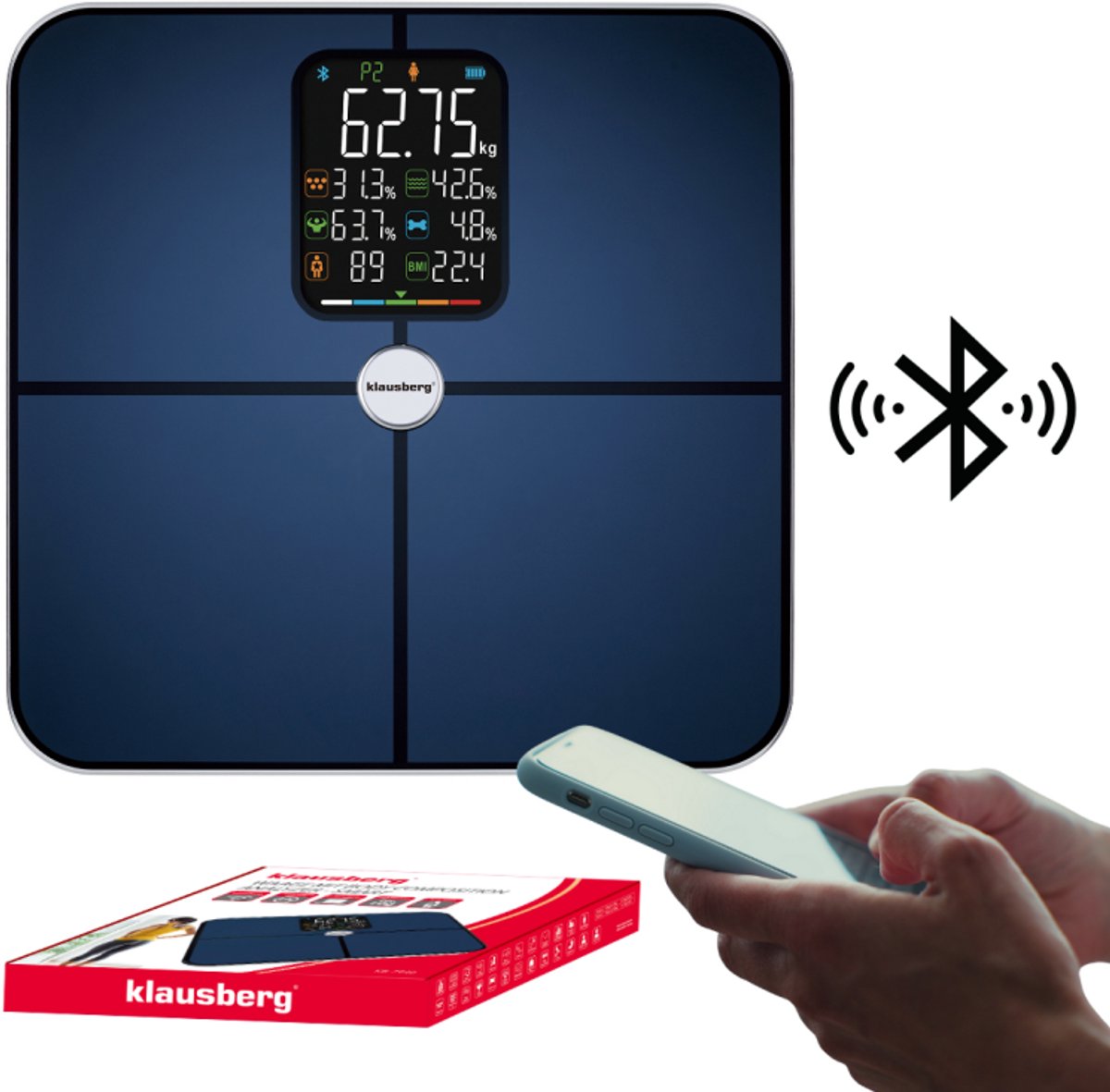 Klausberg KB-7940 Slimme Personenweegschaal – BIA Lichaamsanalyse – Bluetooth App – 180 kg – Donkerblauw – Vet%, Spiermassa, Hydratatie, BMI