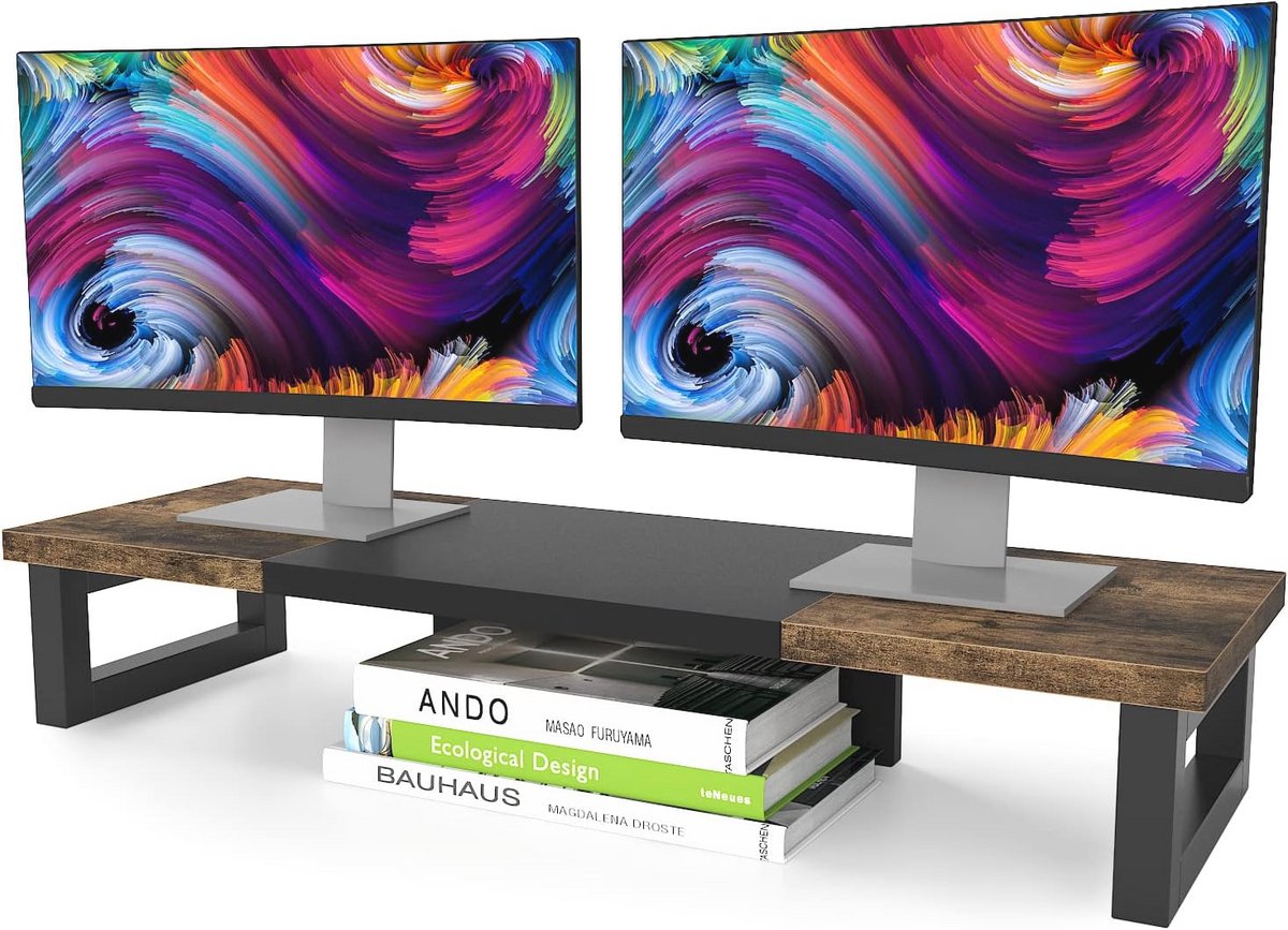Dubbele Monitorstandaard - Multifunctionele Houten en Stalen Verhoger voor Desktop