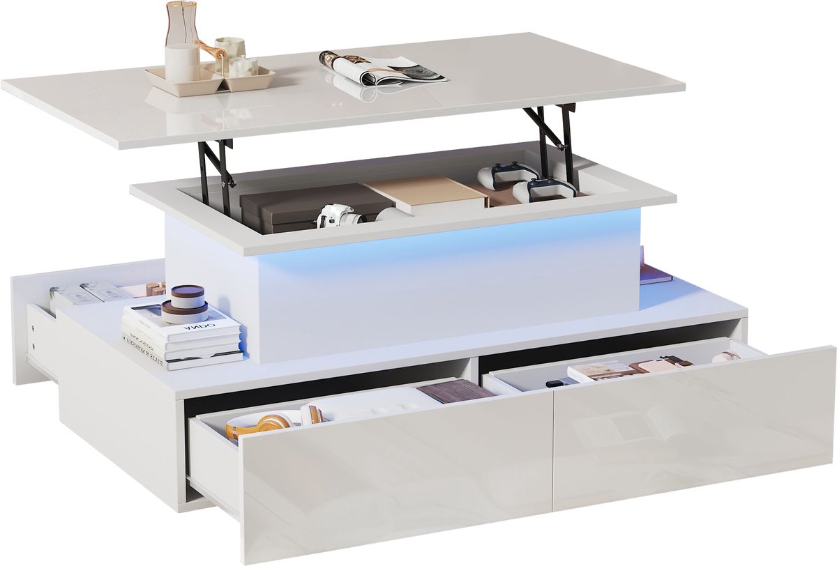MODFU Salontafel 90x55x41 cm van spaanplaat, hoogglans wit met LED-verlichting en 4 lades modern