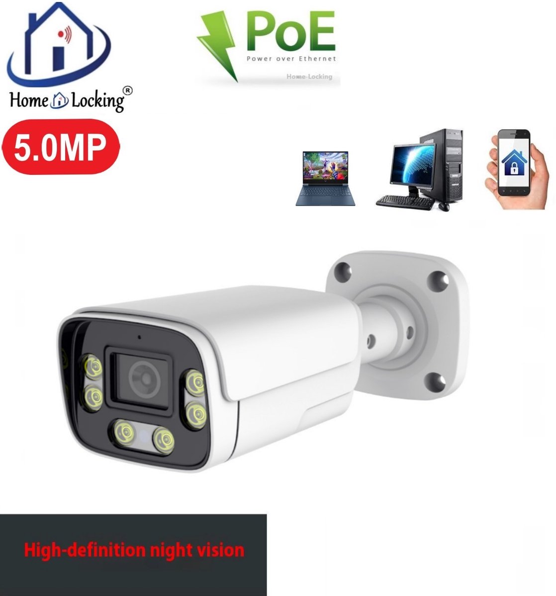 Home-Locking IP-camera PoE met bewegingsdetectie + microfoon Full Color Night Vision 5.0MP. C-1271