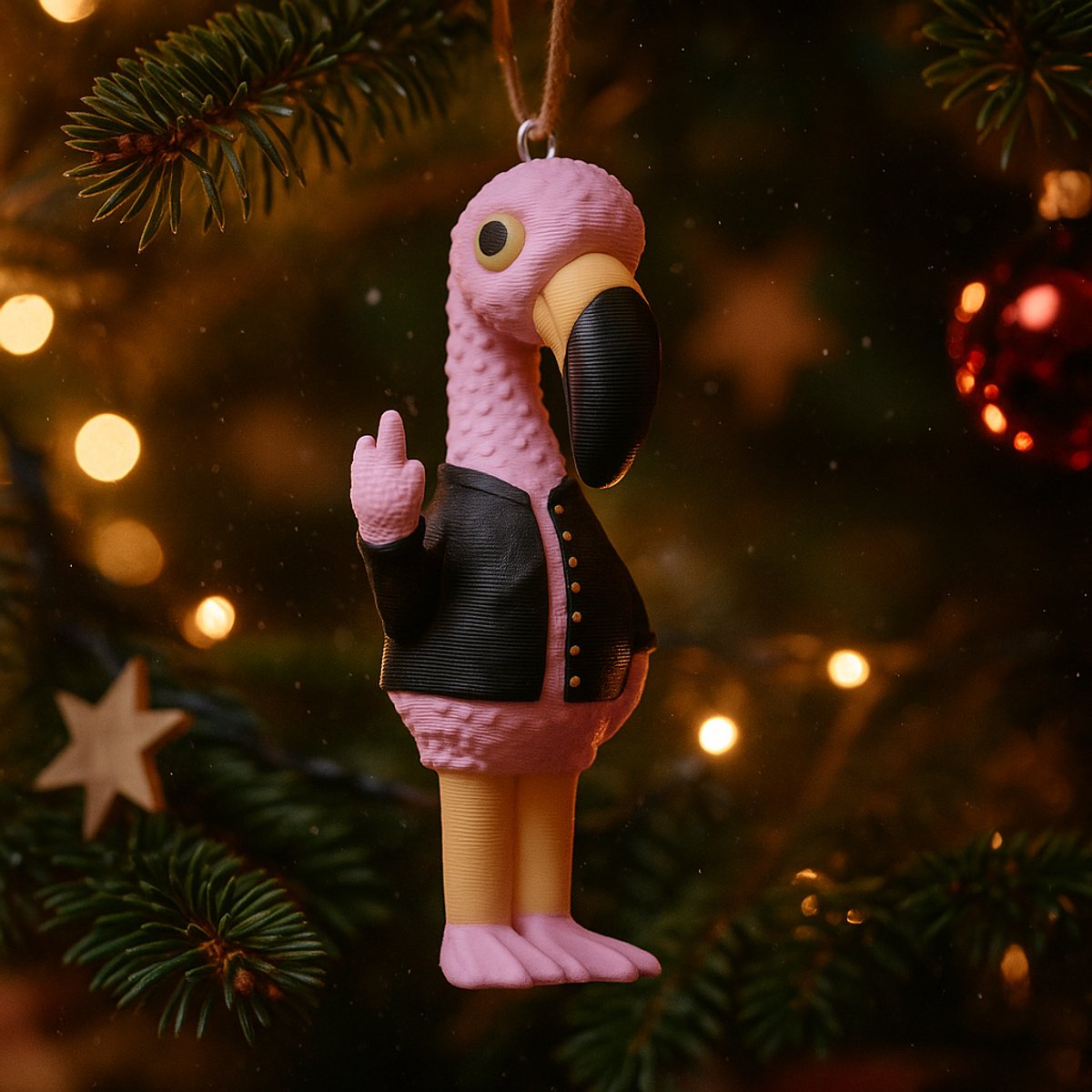 AnimalsAttitude – Middelgrote Flamingo Kersthanger met Middelvinger – 3D-geprint PLA Beeldje – Humoristische Kerst Decoratie