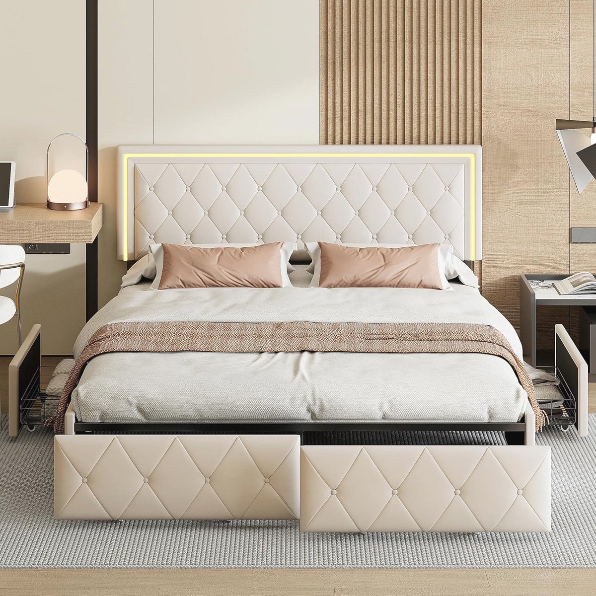 Gestoffeerd bed 160 x 200 cm met led-hoofdeinde en opbergladen