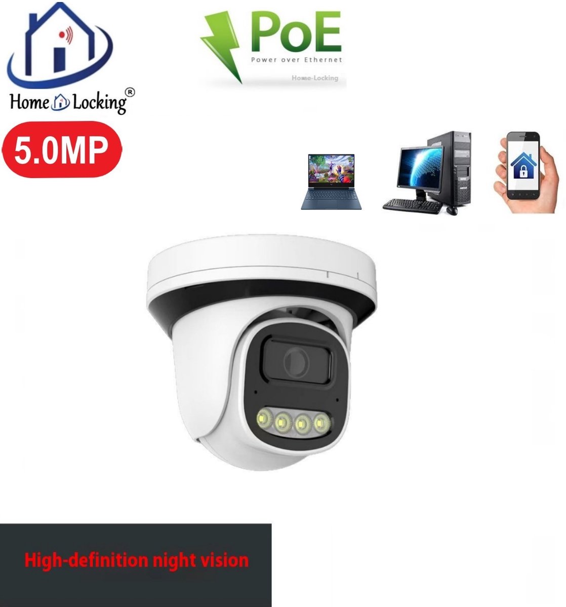 Home-Locking IP-camera PoE met bewegingsdetectie + microfoon Full Color Night Vision 5.0MP. C-1274
