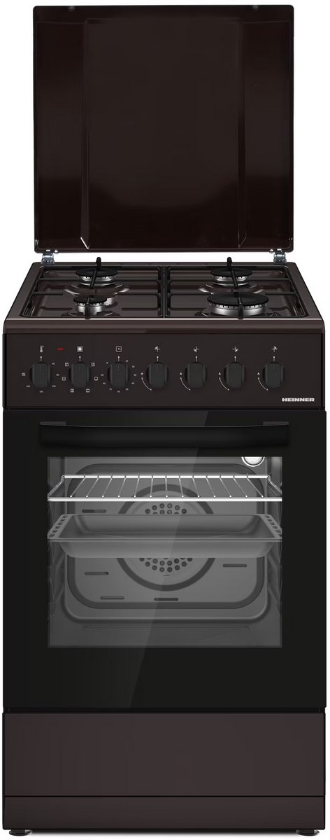 Heinner HFSC-S60LITGC-BRW Gasfornuis – 4 Gasbranders – Elektrische Ontsteking – Elektrische Oven met 6 Functies – Grill & Ventilatie – Bruin – 5 Jaar Garantie