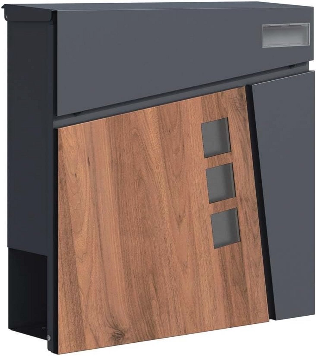 Moderne houten brievenbus met krantenvak - Groot wandmodel in antraciet