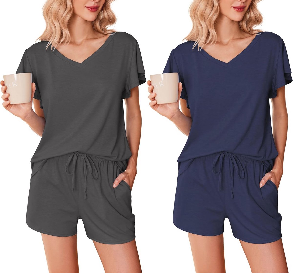 Set van 2 Dames Pyjama's met Rimpel Mouwen - V-hals Top en Korte Broek - Zomerse Loungewear met Zakken