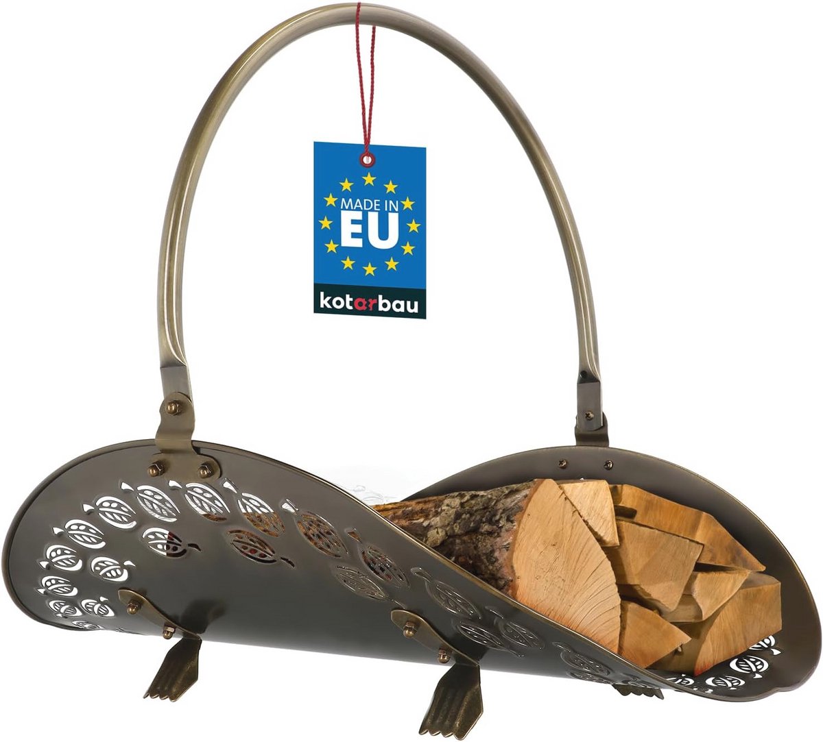 Houten brandhoutmand van metaal met handvat
