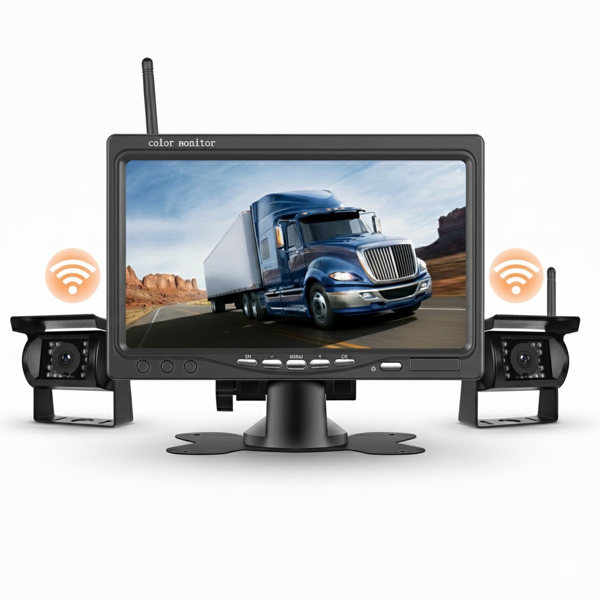 Boscer Achteruitrijcamera set Pro – Draadloos – 7 Inch HD Scherm (1024×600) – Dual 1080P Camera's – IP68 Waterdicht – BSD Dodehoek Detectie – Nachtzicht – Geschikt voor Auto, Bus, Camper, Caravan, Vrachtwagen & Landbouw