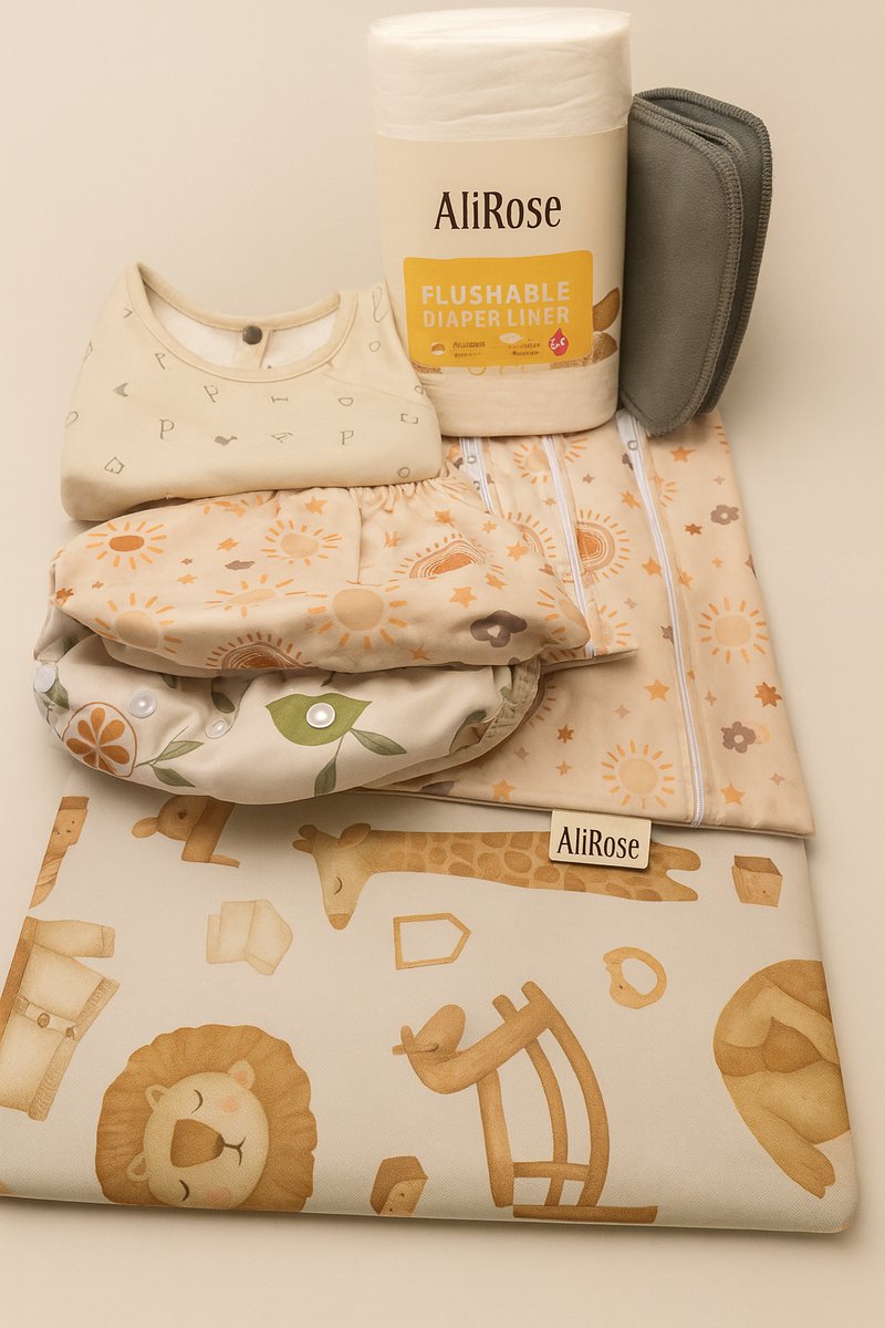 AliRose – Complete Starter set - (Unisex) Herbruikbare Luiers | Regular luier + Insert Pocket Luier | 3 Katoen Inleggers | 100 Bamboo Inlegvellen | Anti-Knoei Mat | Anti-Knoei Jas | Set van Opberg Etui S/M/L | voor Baby’s & Peutertjes | Bewuste Ouder