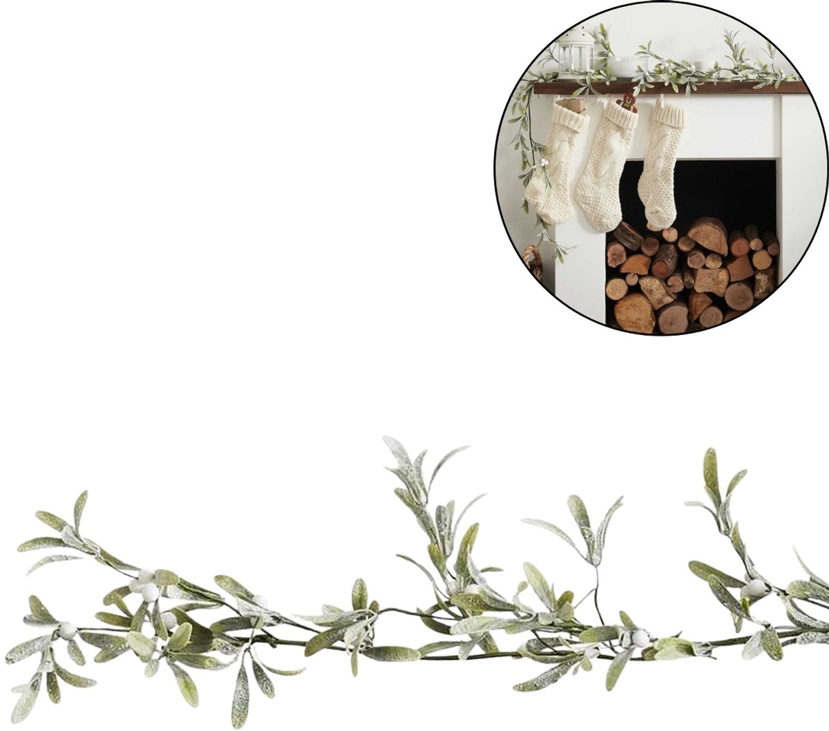 Ginger Ray Mistletoe Kunsttak Slinger – Maretak Guirlande 1,5 m – Kerstdecoratie met Bessen – Kunstgroen voor Haard, Deur & Tafel