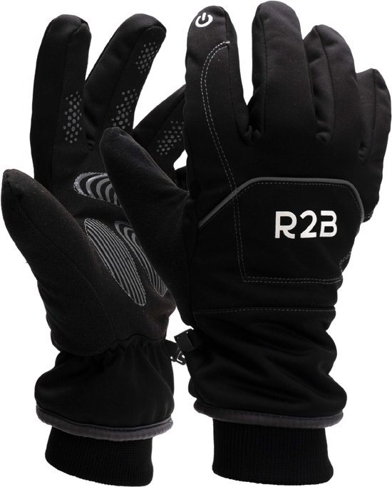 Een paar zwarte R2B handschoenen met grijze grip op de vingers en handpalm.