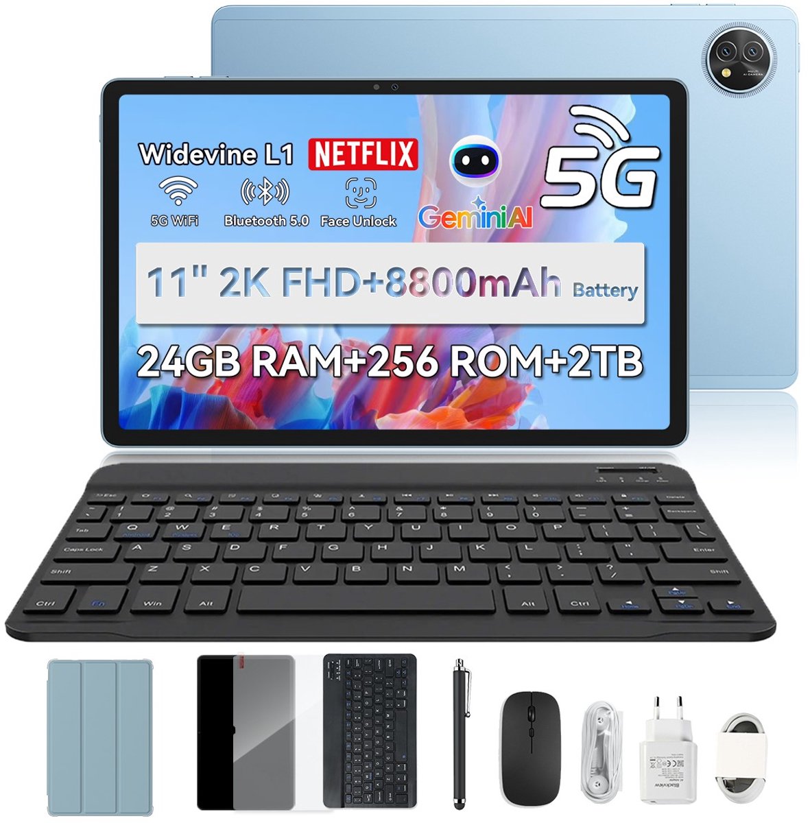 Blackview Zeno 10 tablet, 11 inch FHD 1920*1200, 5G Android 15 Gemini AI Unisoc T8200, 24 GB RAM + 256 GB ROM, 8800 mAh, PC-modus, Widevine L1, gezichtsherkenning, 16 MP + 13 MP, GPS, OTG, gamingtablet met toetsenbord en styluspen