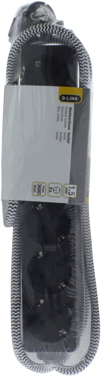 Q-Link stekkerdoos - 6-voudig - randaarde - met platte stekker - max 3680W - textiel - 3 x 1.5 mmÂ² - 1.5 m - zwart