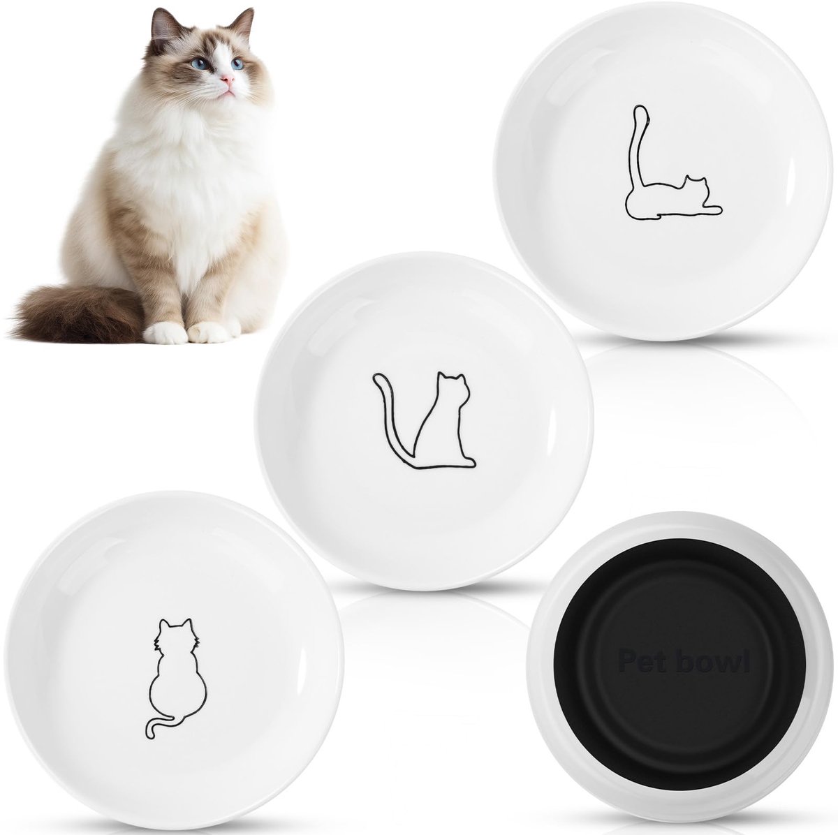 Kraftverdia Keramiek Kattenvoerbak – Set van 3 – Antislip –Lnhoud Per Voerbak 150 ML - Keramisch Materiaal (15 x 3,0 cm) – Plat Ontwerp – Achtergrond Met Kattenprint