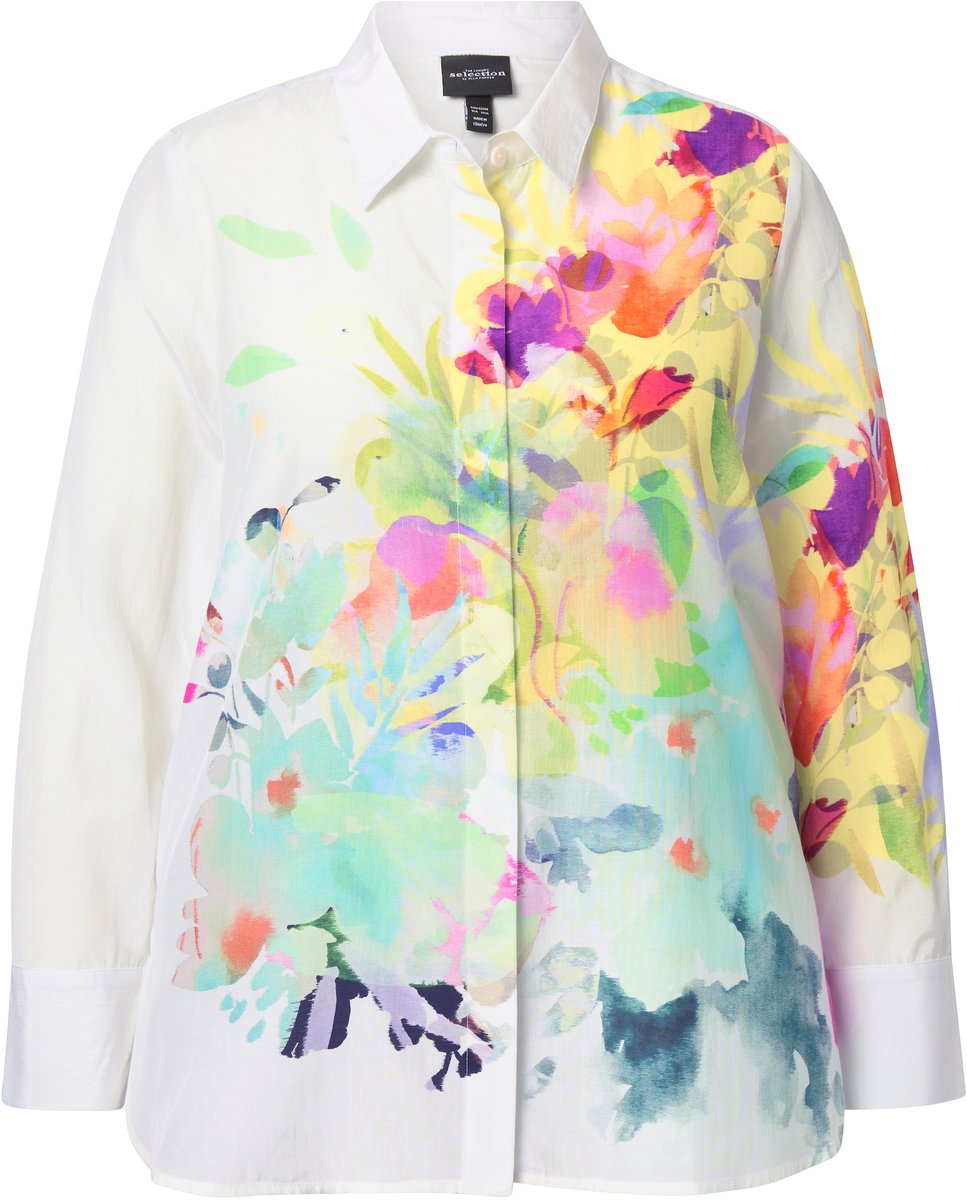Ulla Popken - Dames - Blouse bloemen A-lijn overhemdkraag lange mouw - Sneeuwwit - Maat 58+