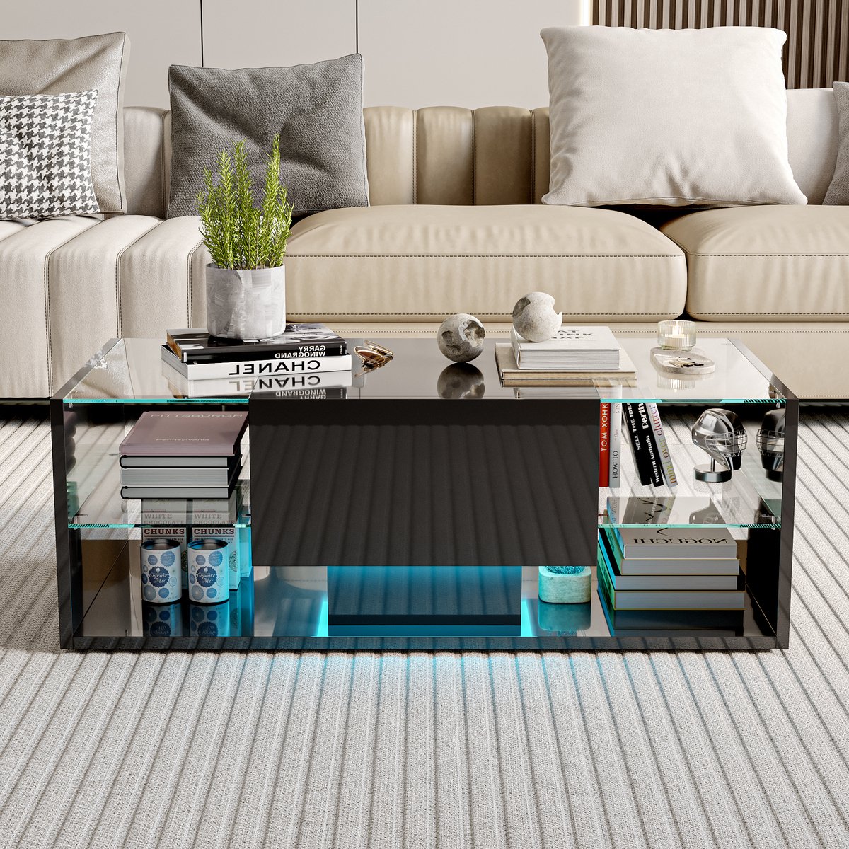 Salontafel met LED Verlichting – Moderne Hoogglans Koffietafel met Lade en Glazen Planken – Opbergruimte – Rechthoekig Design