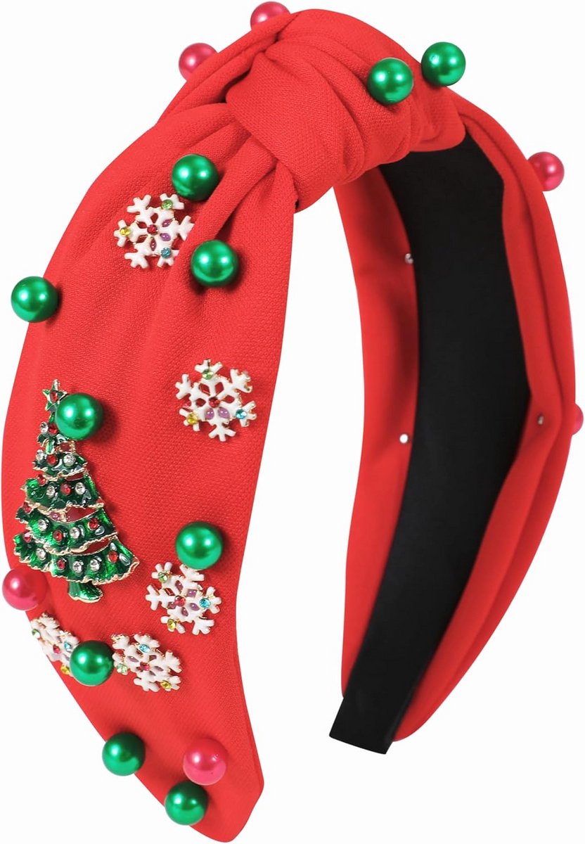 Feestelijke Kerst Haarband met Sneeuwvlokken en Parels - Breed Geknoopt Accessoire