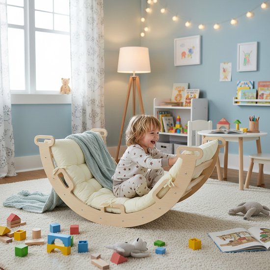 Deryan Luxe Opvouwbare Driehoek met Klimboog en Helling met Klimrek/Glijbaan - inclusief kussen - Montessori Meubels Houten Speelgym van Deryan — afbeelding 4