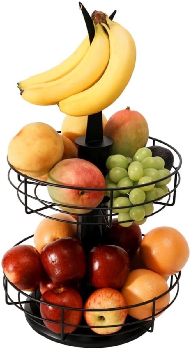 Famanu – Draaibare fruitmand 2 etages met bananenhaak – roterende fruitschaal (zwart)