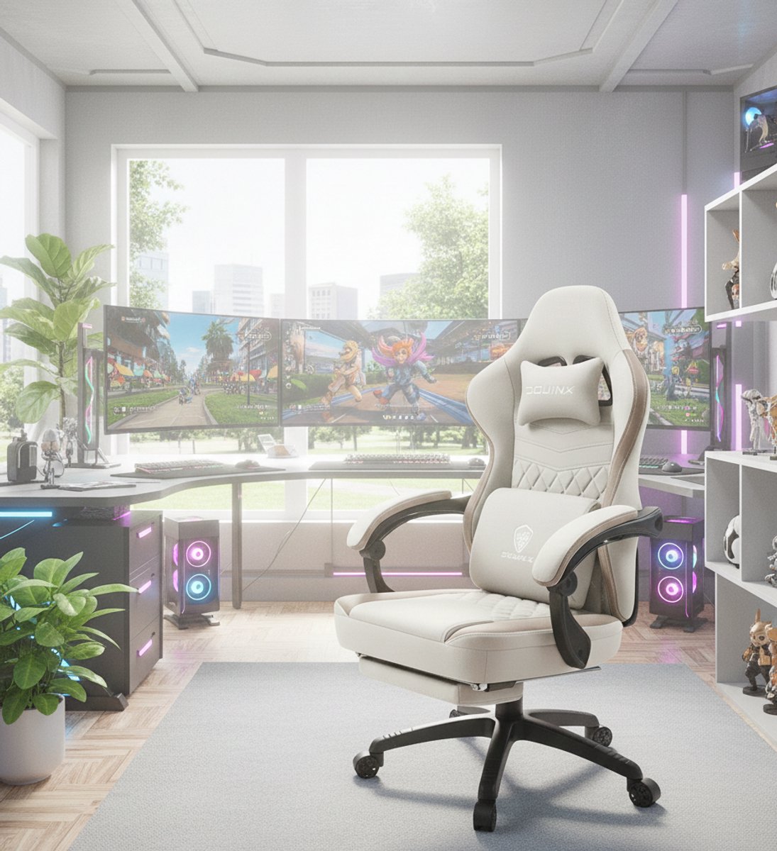 Gaming Ergonomische Massage Stoel met Voetensteun - Beige - afbeelding 2