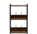 Vooraanzicht van een bruin-zwarte platenkast met drie planken en metalen frame.