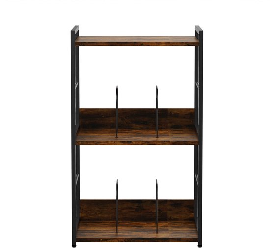 Vooraanzicht van een bruin-zwarte platenkast met drie planken en metalen frame.