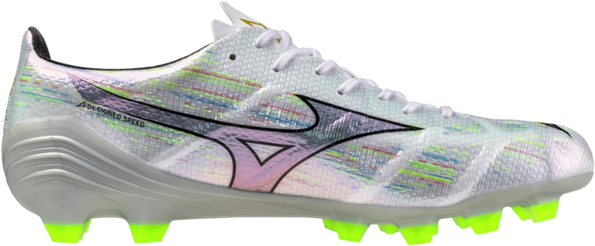 Mizuno Alpha II Pro voetbalschoenen EU 42,5, lichtgewicht, met flexibele zool en opvallend design in wit en neon.