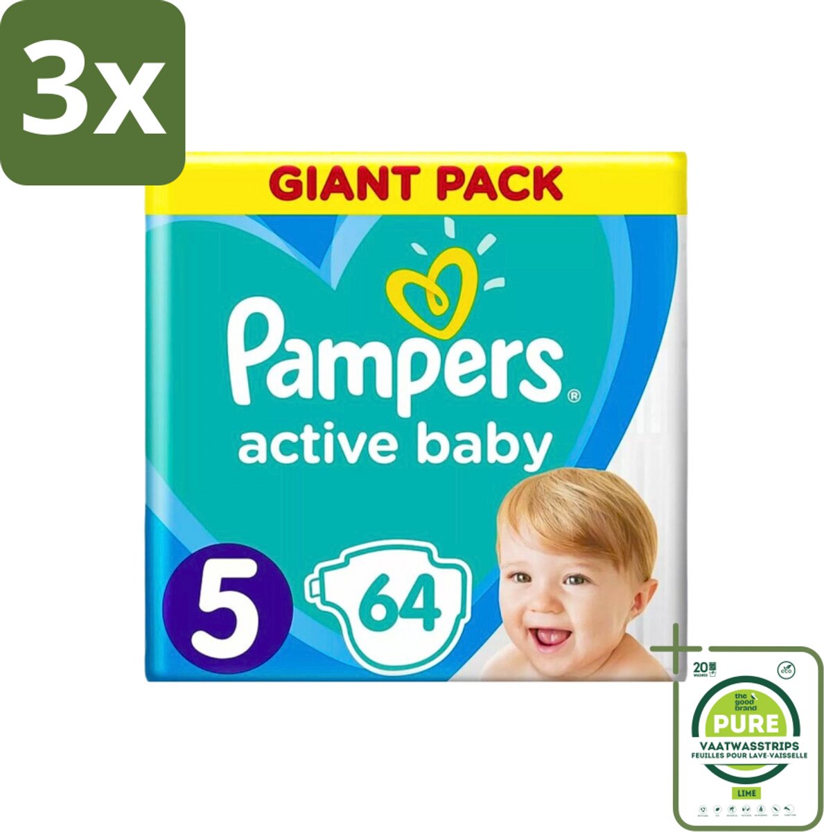 3 x Pampers - Active Baby - Luiers - Maat 5 (11-16 kg) - Zachte Pasvorm - 64 Luiers - Grootverpakking - Pampers Active Baby - Luiers Maat 5 - Babyluiers - Zachte Pasvorm - Luchtdoorlatende Luiers