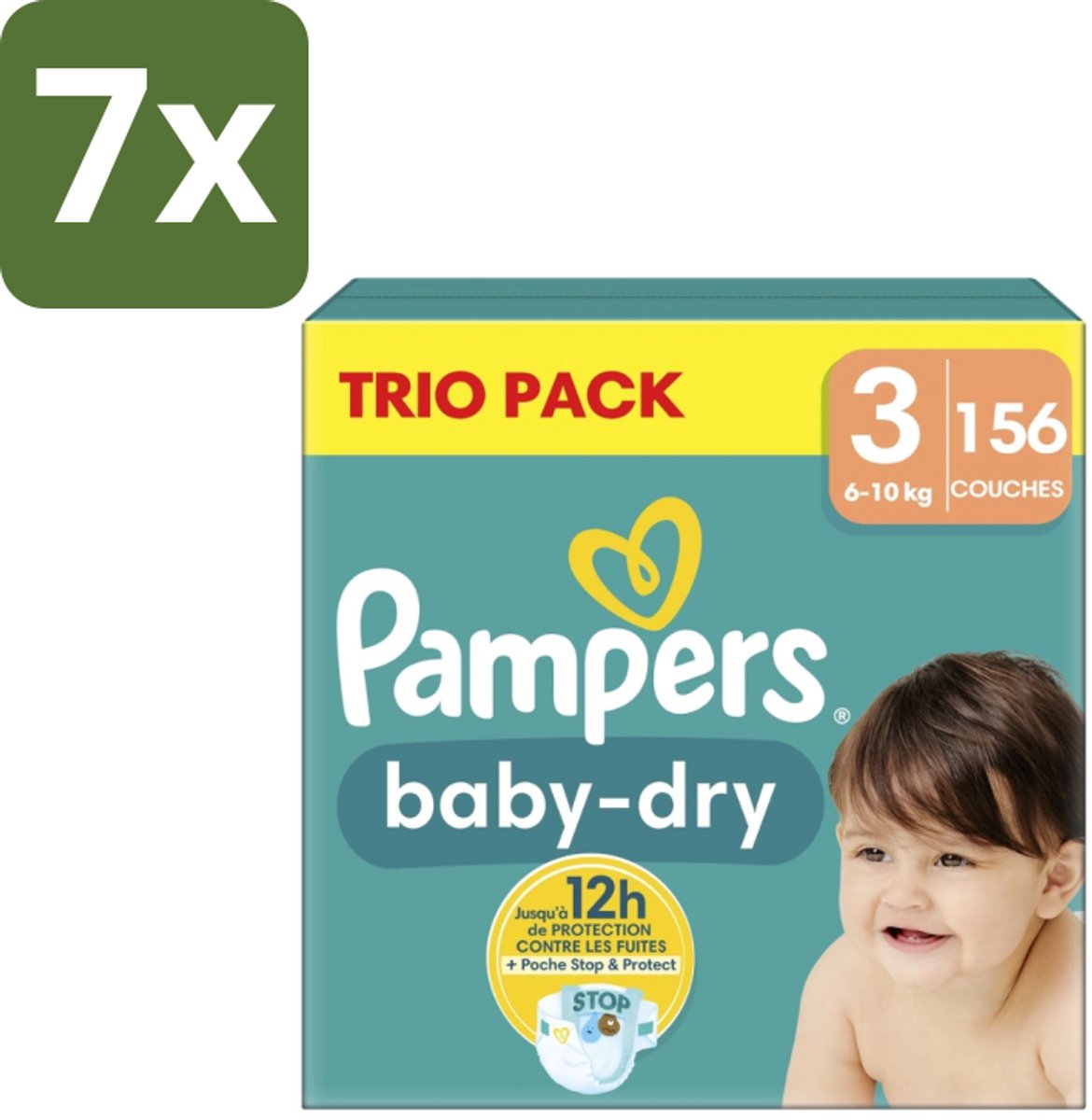 7 x Pampers – Luiers – Baby-Dry Trio Pack Maat 3 (6-10 kg) – 156 Luiers - Baby Luiers - Droge Luiers - Anti-lek Luiers - Baby Droogheid - Nachtluier