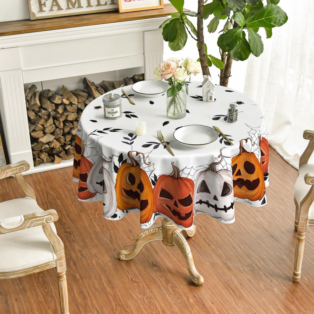 Rond Halloween Tafelkleed Pompoenen Spinnenweb Decoratief Tafelbeschermer 120 cm