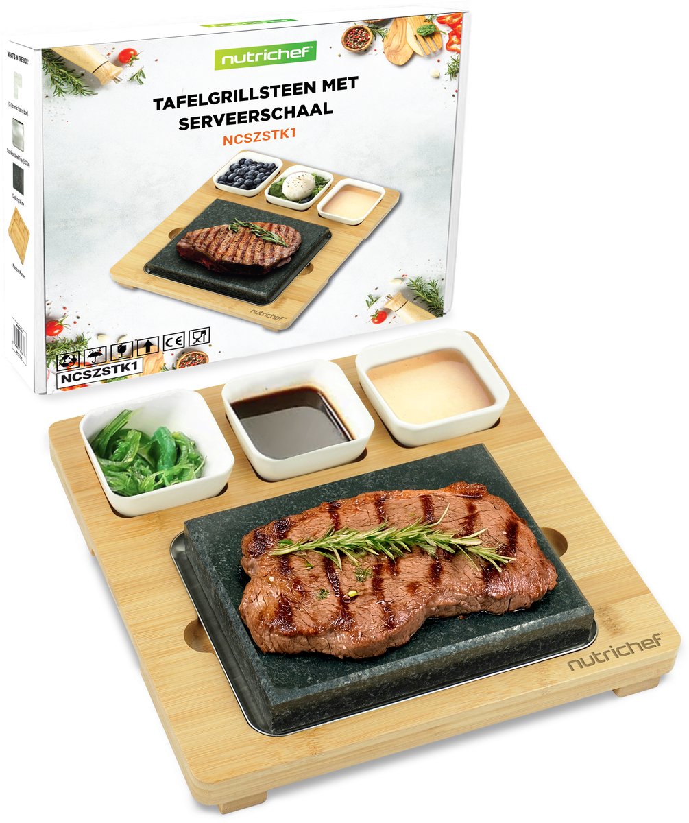 NutriChef Grillsteen Set – Granieten Kooksteen met Bamboe Plank- Ceramische Sauskommen & RVS Plateau – Perfect voor Vlees, BBQ – Binnen- en Buiten Grill