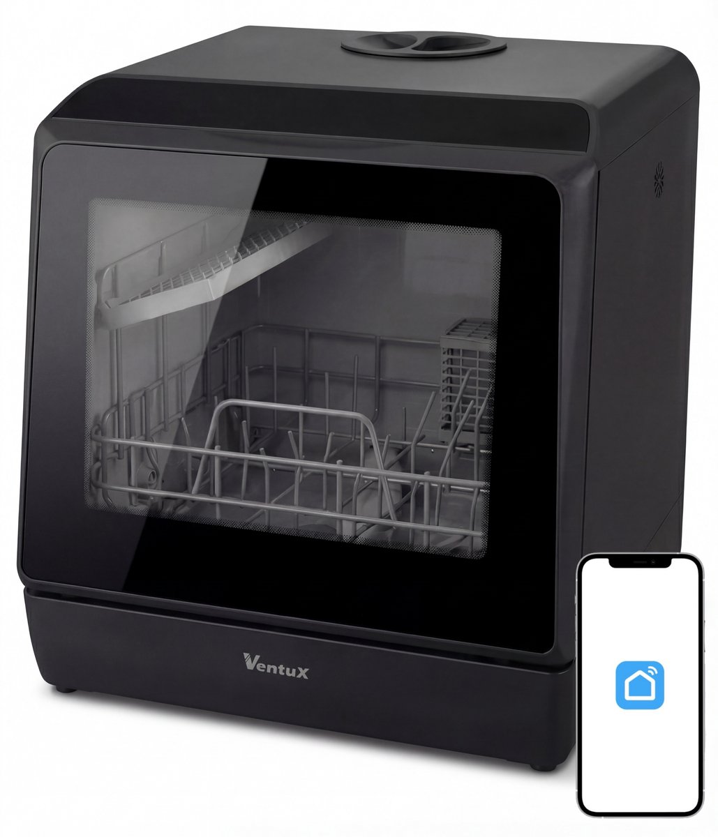 Ventux® Mini Vaatwasser Incl. App – Afwasmachine – 5 Programma’s – 900 Watt – 425 x 428 x 458 cm - Zwart