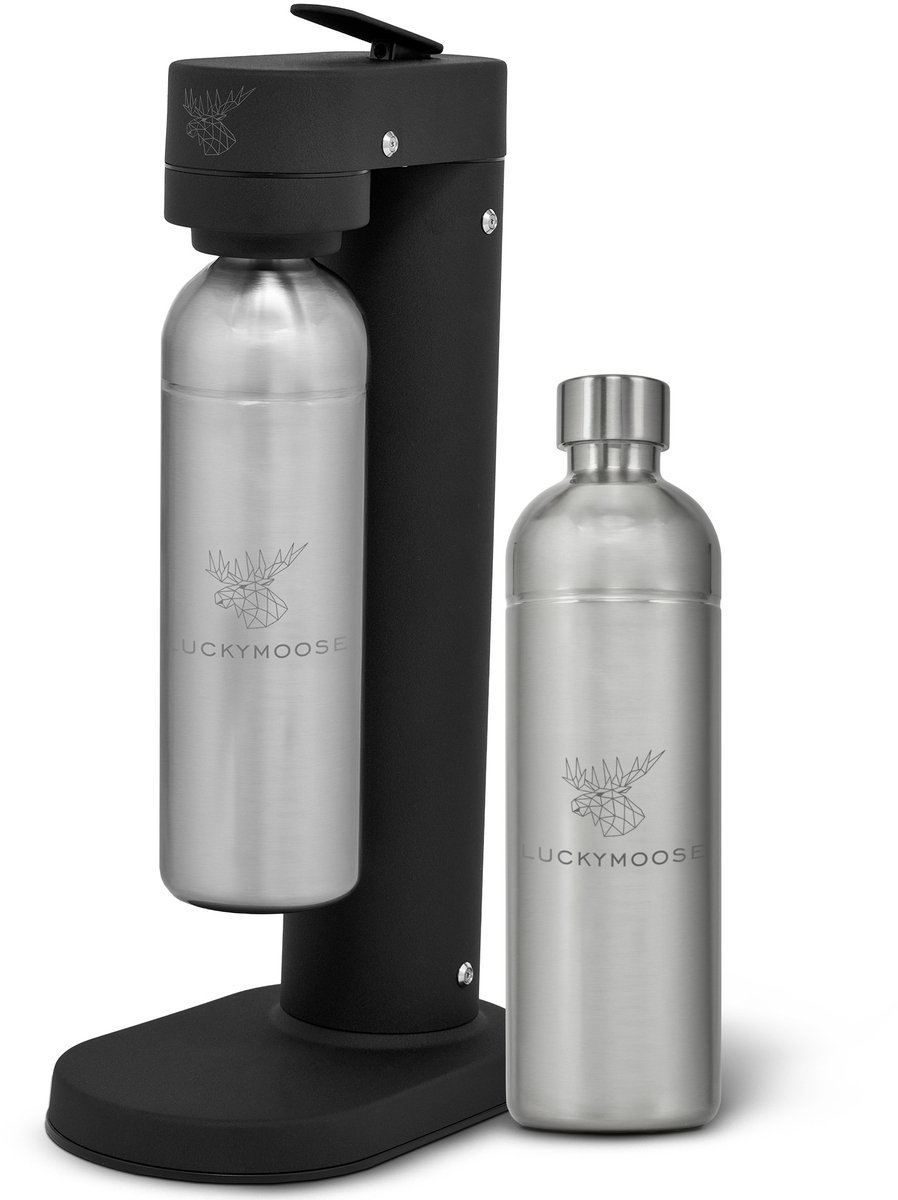 Luckymoose Bruiswatertoestel Infinity-S - Soda Maker met 2x 1,25L RVS Drinkfles Zilver - Bruiswater Toestel Zwart - Werkt met blauwe cilinders
