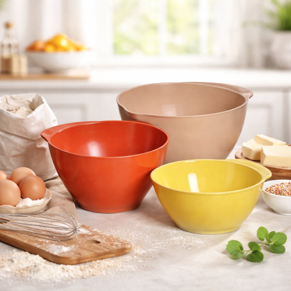 Beslagkommen 3 maten - Taupe / Oranje / Geel - Kunststof - ⌀ 17,5 / ⌀ 20 / ⌀ 22,5 cm - 3 Stuks - Mengkommen - Kom - Koken - Bakken