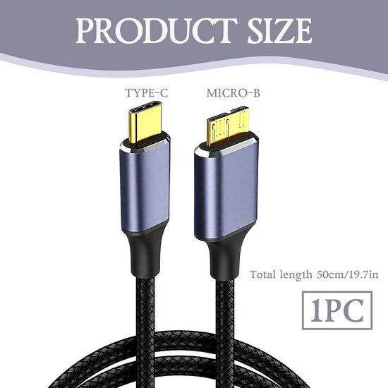 USB-C naar Micro-B Kabel voor Externe Harde Schijf SSD Opladen - 5 Gbps Snelheid - 0.5 Meter — afbeelding 4