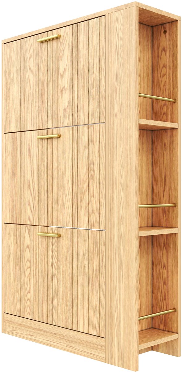 Moderne, minimalistische houten schoenenkast met drie deuren, grote opbergruimte, open planken, stijlvol en praktisch, geschikt voor plaatsing in de entree/hal.