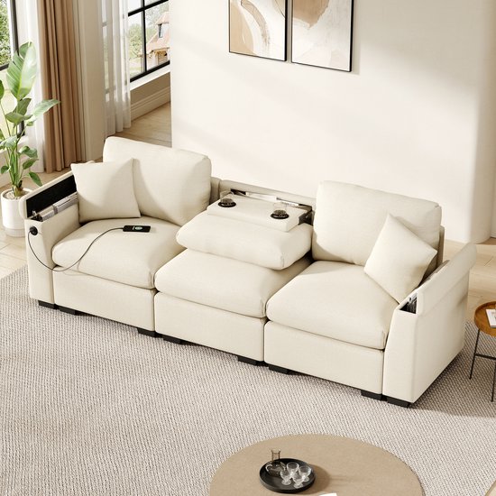 Canapé moderne en velours trois places avec coussins - table pliante et connexion USB - avec porte-gobelet et espace de rangement - beige