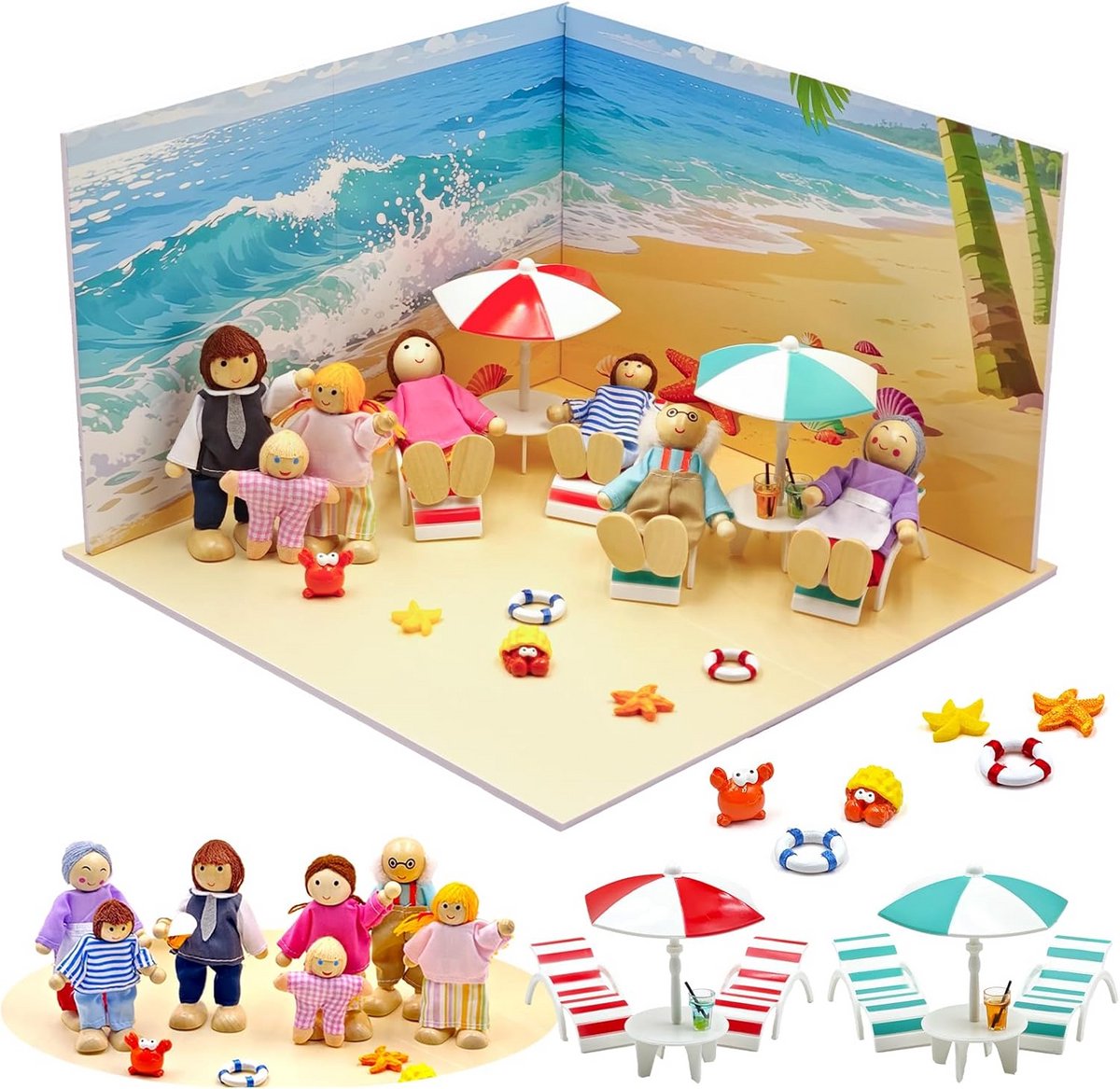 Houten Poppenhuis Poppetjes Familie Set met Strandaccessoires voor Kinderen