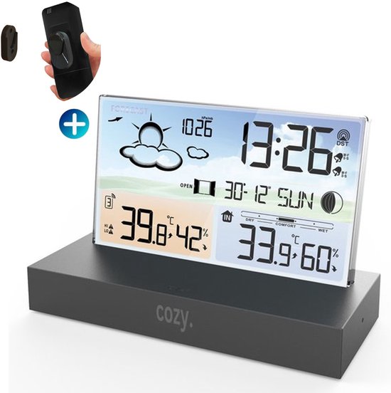 cozy.® Weerstation Pro 2026 - 2 in 1 Weerstation met Buitensensor & Digitale Wekker - Draadloos Weerstation Binnen & Buiten - Hygrometer Binnen - Luchtvochtigheidsmeter - Inclusief Ophangsysteem - Temperatuurmeter - Stijlvol design - Wekker