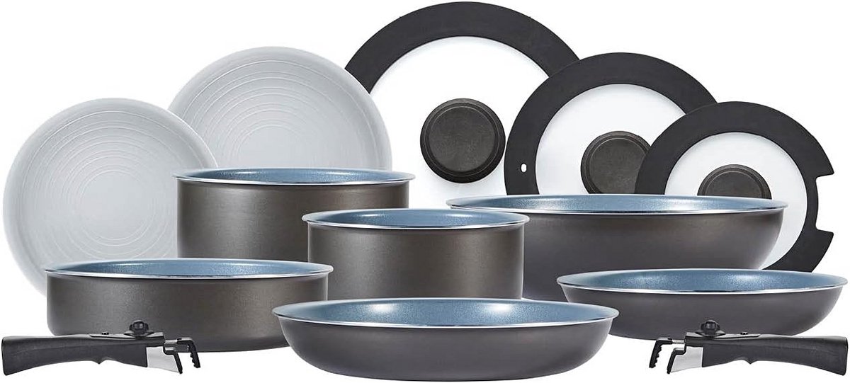 13-delige Kookgerei Set met Keramische Coating, Stapelbaar en Afneembare Handgrepen