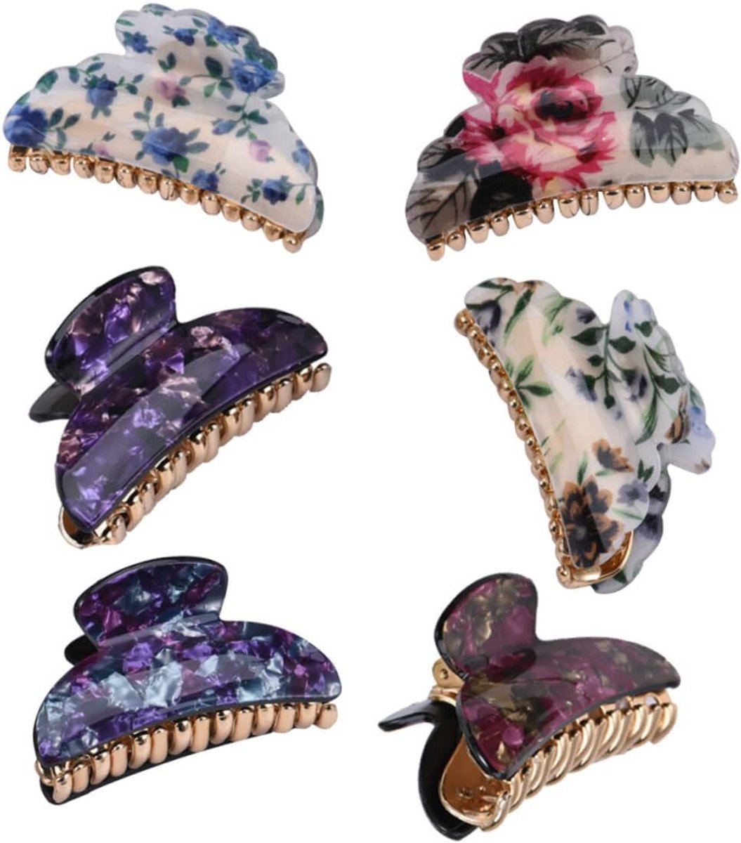 Set van 6 Grote Acryl Haarclaws met Bloemenprint voor Dik Haar