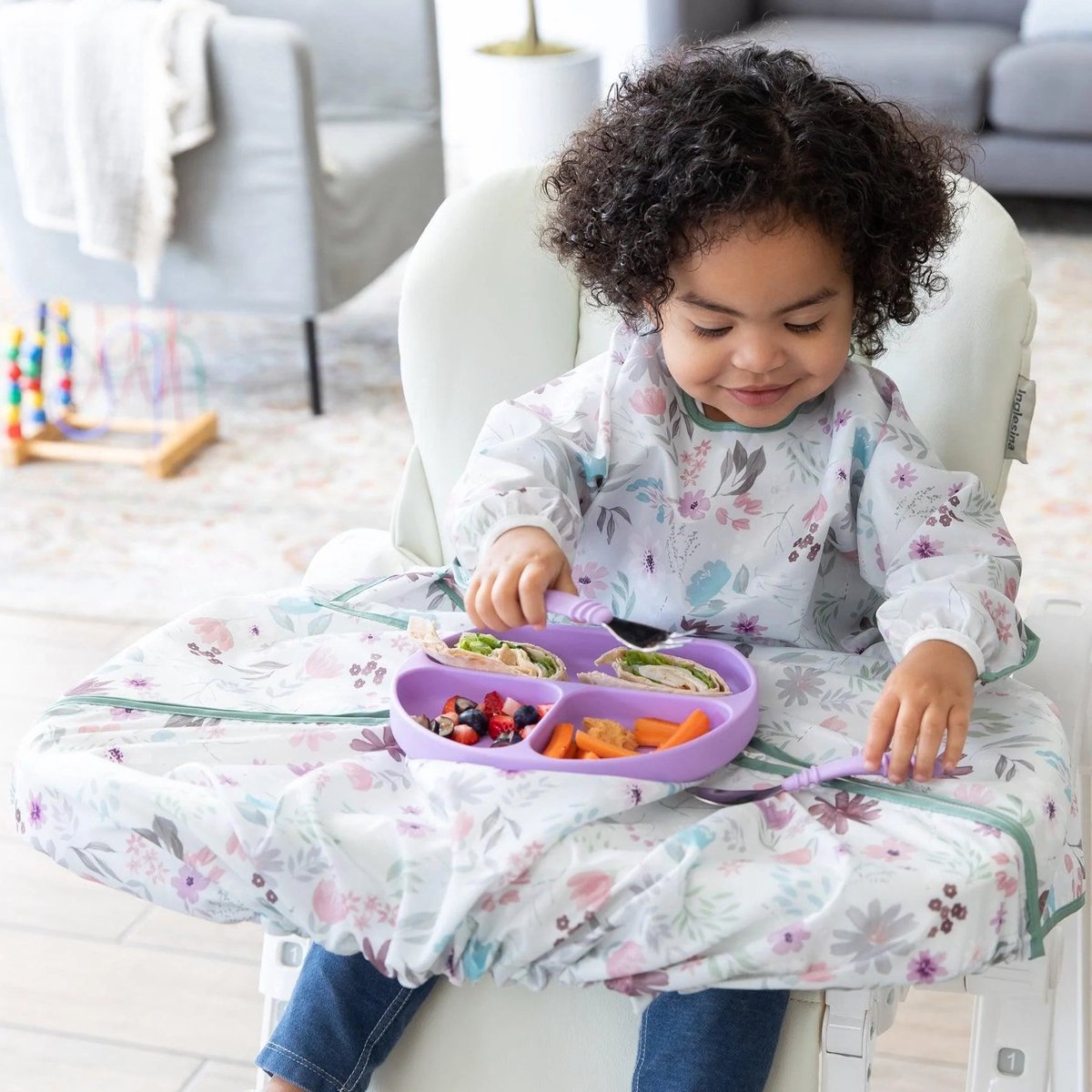 Bumkins - Tray Mate Sleeved Bib | Mouwslab voor de Kinderstoel - Floral (6-24 maanden)