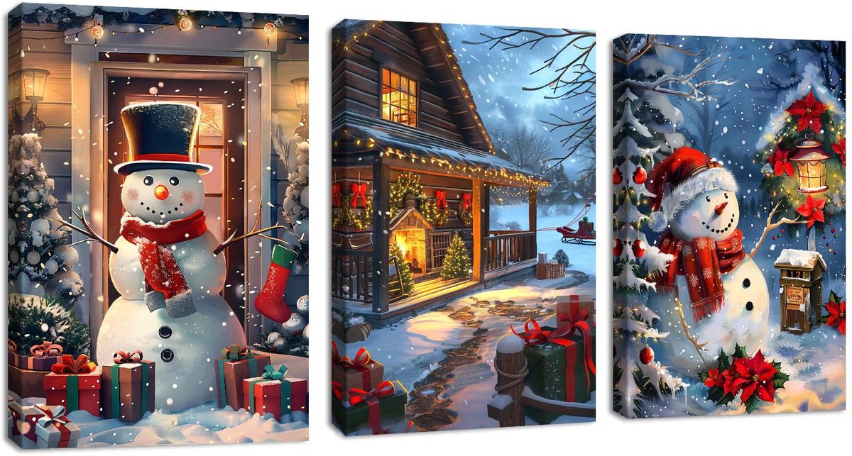 Unyqoos Set van drie winterse canvas schilderijen met houten frame voor wanddecoratie meerdere