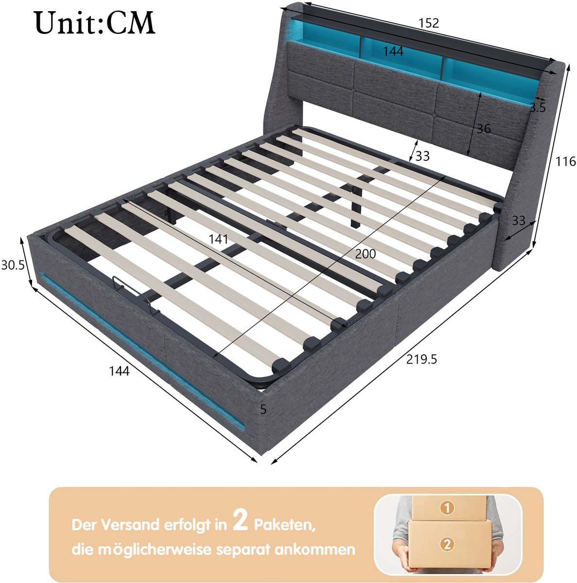 SHOPENTRA Opbergbed 140x200 cm met Hydraulische Functie en USB-oplader - afbeelding 3