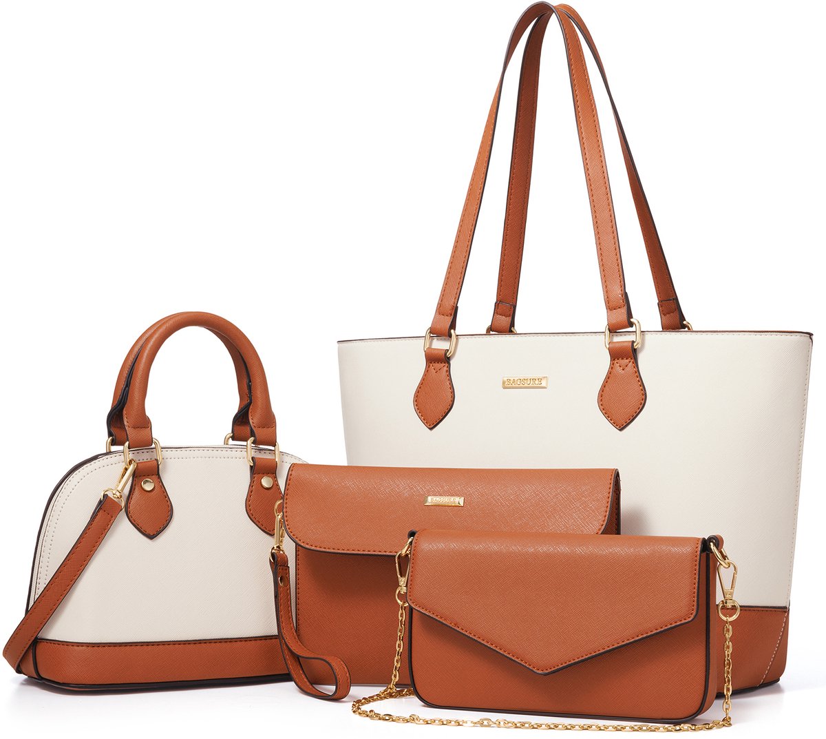 MODFU Dames Handtas Set 4-delig – Grote Handtas Schoudertas Clutch – Met Rits en Vakken – Stijlvol & Praktisch – Voor Werk & Dagelijks Gebruik – PU Leer – Bruin-Wit
