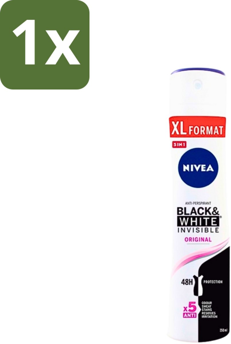 1 x Nivea - Deospray - Invisible Black & White Original - 48 Uur Lang Werkend - 250 ml - Anti-transpirant - Zweetvlekken - Kledingbescherming - Huidvriendelijk - 48 Uur Bescherming