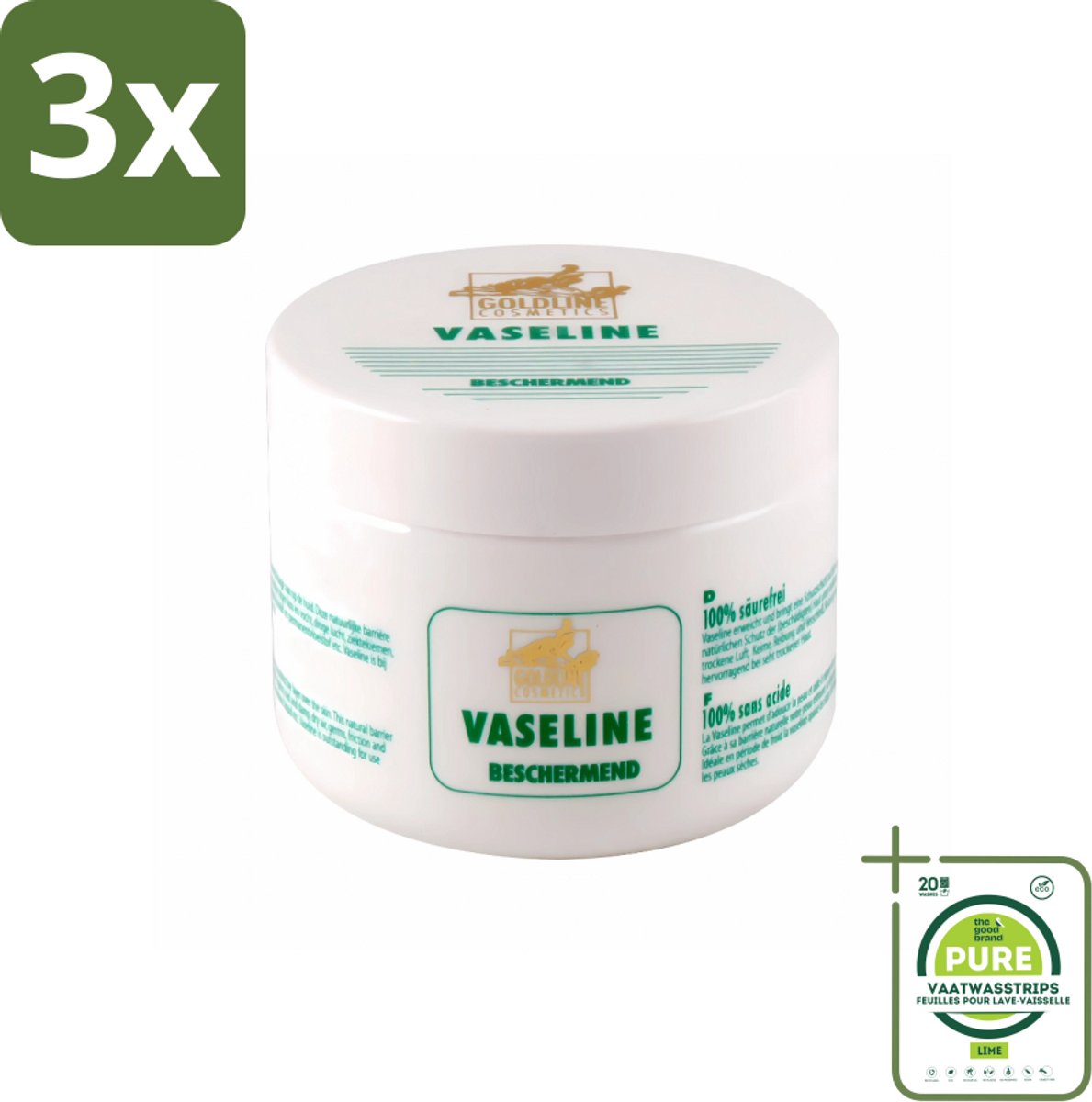 3 x Goldline - Vaseline - Huidverzorging - Beschermend & Hydraterend - 250 ml - Grootverpakking - Lichaamscrème - Vaseline - Hydraterende Crème - Beschermende Crème - Droge Huid